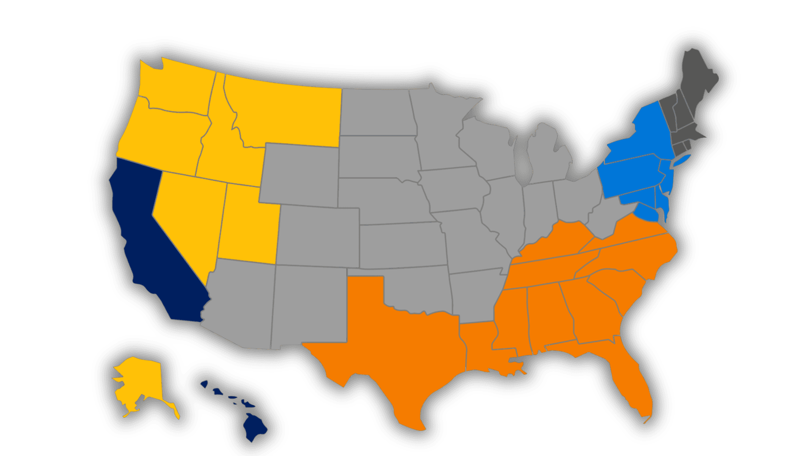 Map of the USA with states highlighted according to accreditors