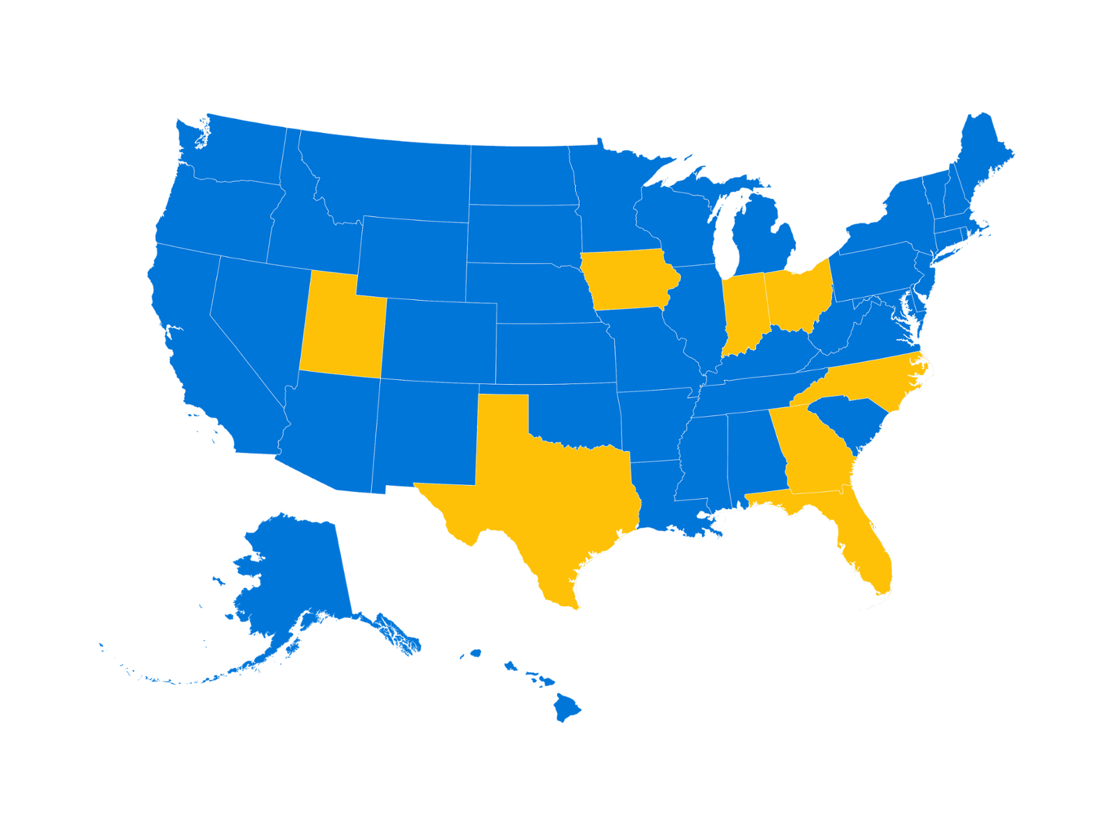 US map in light blue with Utah, Texas, Florida, Georgia, North Carolina, Iowa, and Indiana highlighted in yellow