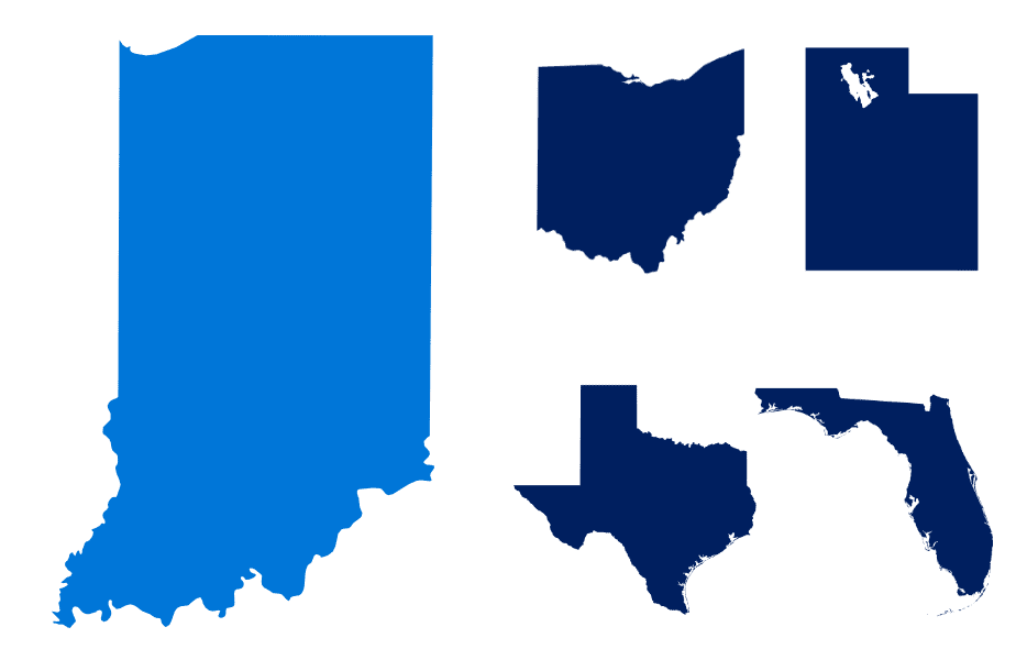 State of Ohio in light blue and the states of Florida, Texas, and Utah in navy blue