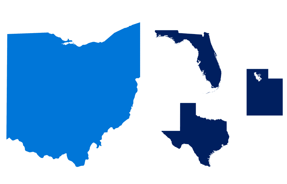 State of Ohio in light blue and the states of Florida, Texas, and Utah in navy blue