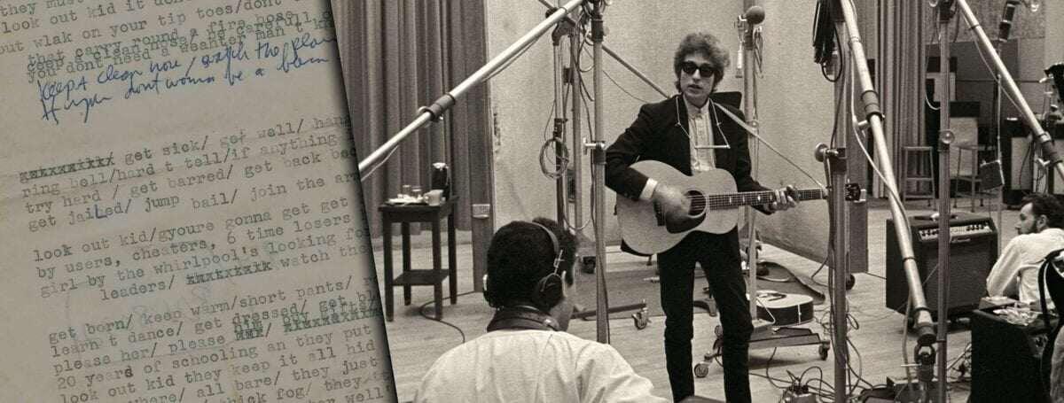 Photo of Bob Dylan and a paper with lyrics typed onto it